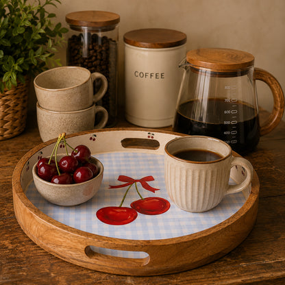 Cherry Wood Round Tray - Fun and Functional with Pastel Print