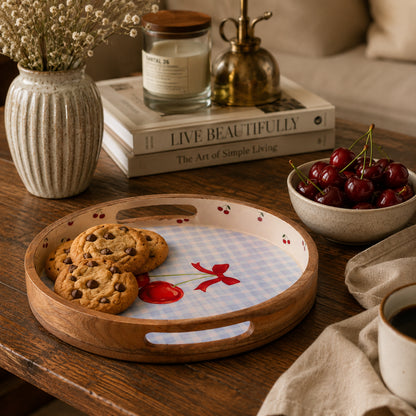 Cherry Wood Round Tray - Fun and Functional with Pastel Print