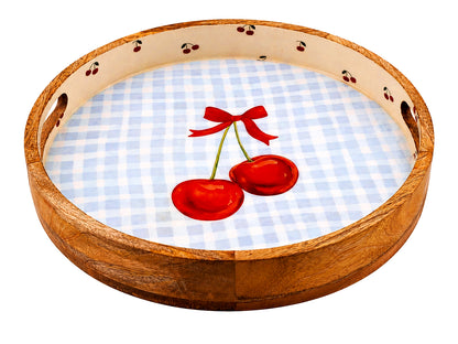 Cherry Wood Round Tray - Fun and Functional with Pastel Print