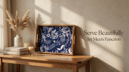 Wood Tray Big (Blue and White) - Elegant Mango Wood with Tropical Design