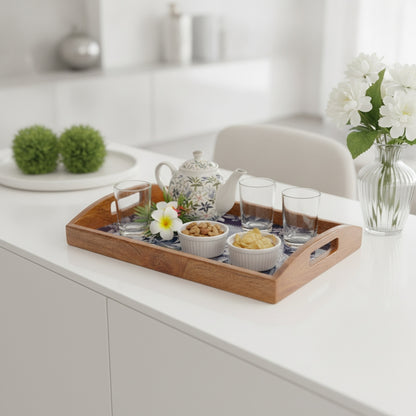 Wood Tray Big (Blue and White) - Elegant Mango Wood with Tropical Design