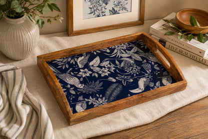 Wood Tray Big (Blue and White) - Elegant Mango Wood with Tropical Design