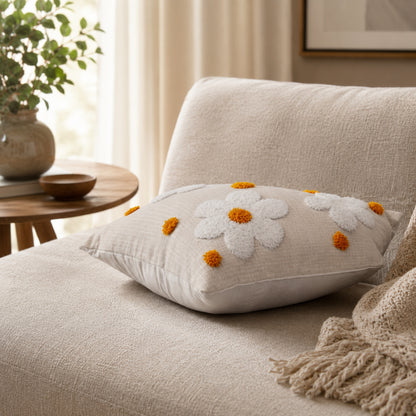 WAYPOINT 100% Cotton Cushion Cover Featuring 3D Tufted Daisy Design for Modern Decor