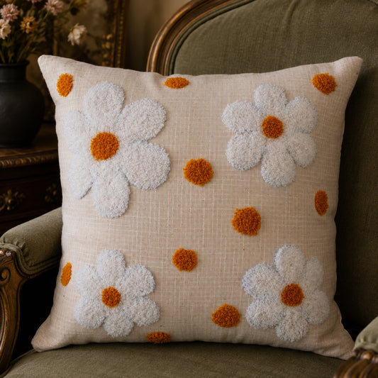 WAYPOINT 100% Cotton Cushion Cover Featuring 3D Tufted Daisy Design for Modern Decor