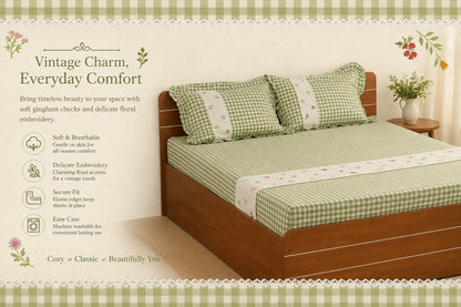 WAYPOINT Hand Embroidered Check Flower Bedcover in Soft Cotton with Multicolor Wildflowers