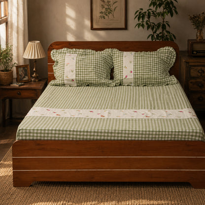 WAYPOINT Hand Embroidered Check Flower Bedcover in Soft Cotton with Multicolor Wildflowers