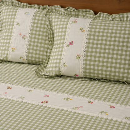 WAYPOINT Hand Embroidered Check Flower Bedcover in Soft Cotton with Multicolor Wildflowers