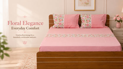 WAYPOINT Rotary Print Bed Cover Set - Floral Cotton Bedsheet with Pillowcases for Romantic Decor
