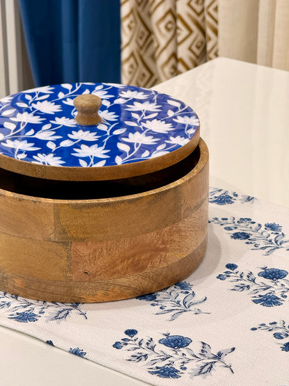 Wood Chapati Box W/ Lid - Blue