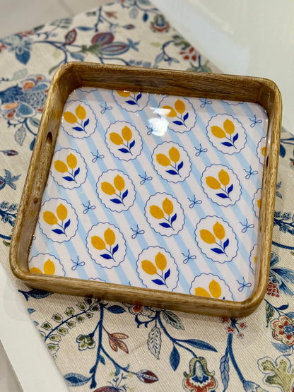 Lemon Print Square Wooden Tray