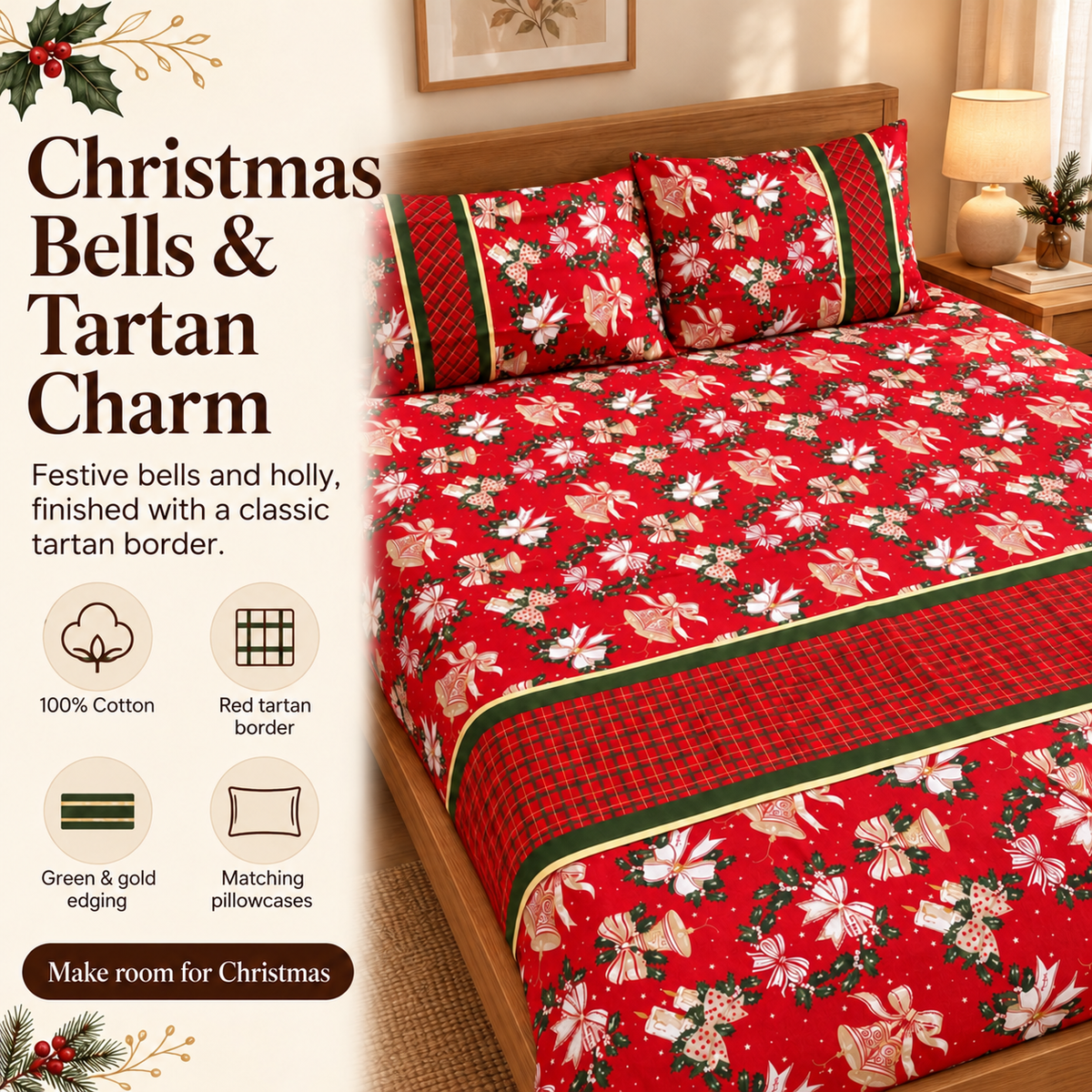 Christmas Bells & Tartan Bedsheet Set