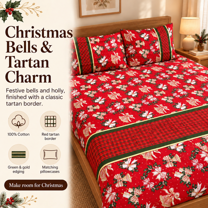 Christmas Bells & Tartan Bedsheet Set