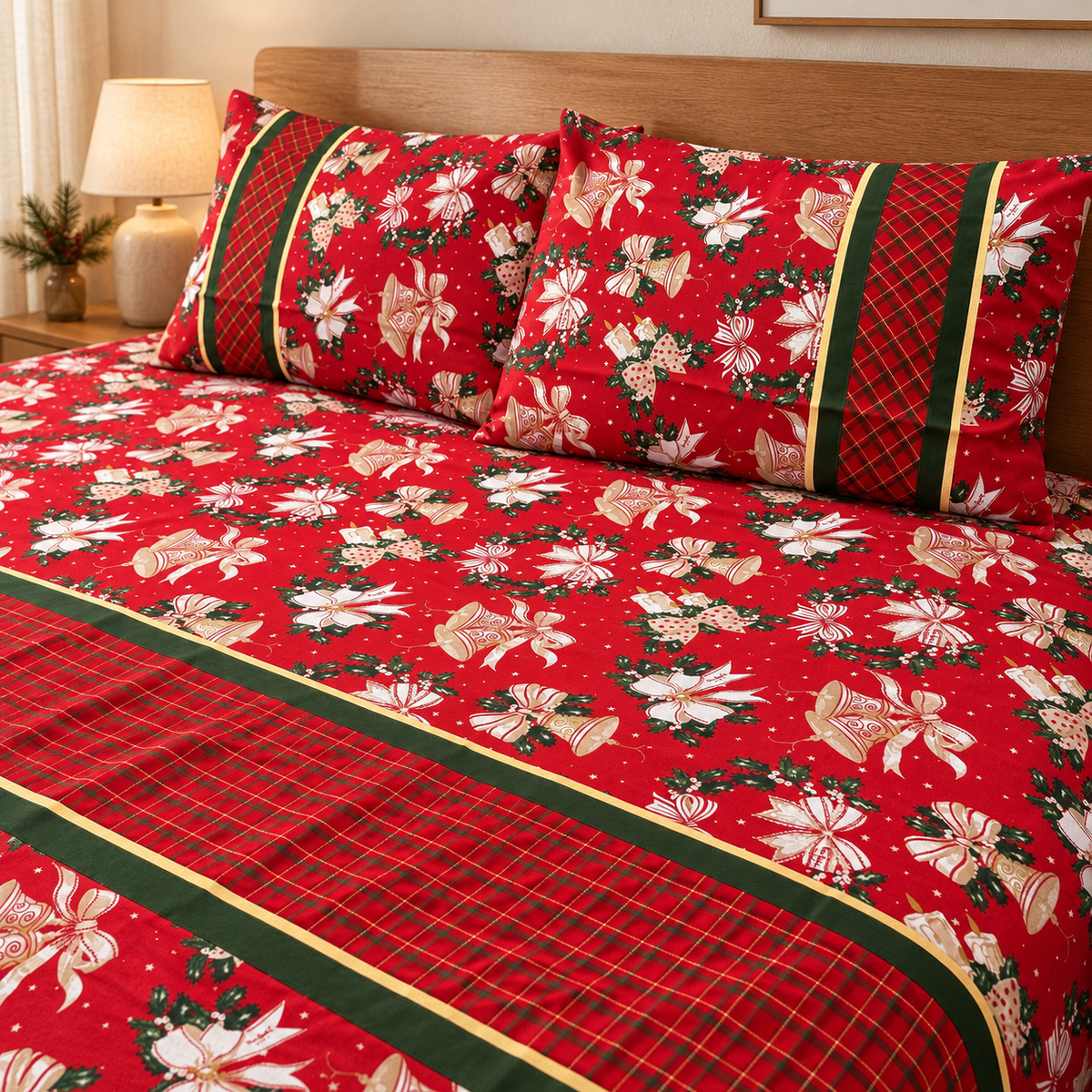 Christmas Bells & Tartan Bedsheet Set
