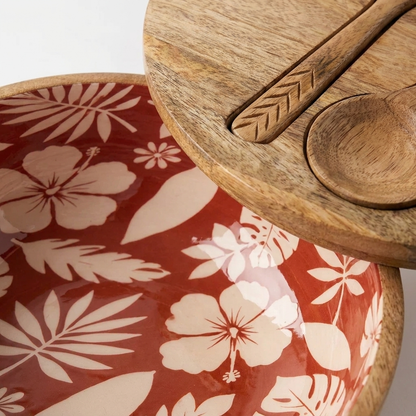 Wood Biriyani Serving Bowl w/ 2 Servers - Maroon
