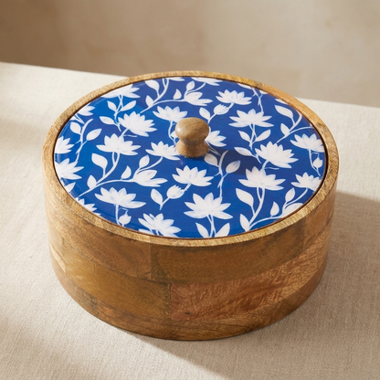 Wood Chapati Box W/ Lid - Blue