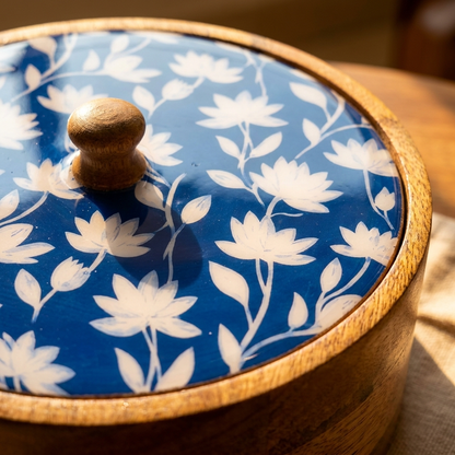Wood Chapati Box W/ Lid - Blue