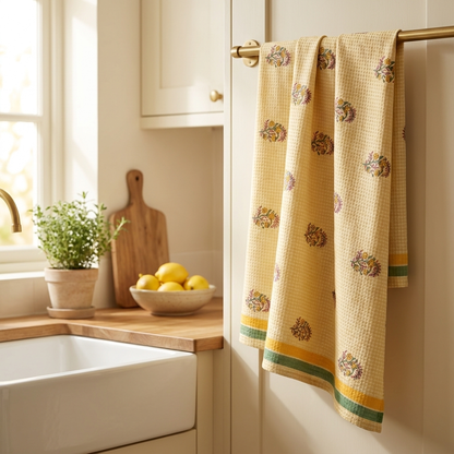 Waypoint Butter Yellow Block Print Waffle Towel – Floral Sprig Design