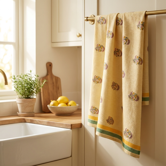 Waypoint Butter Yellow Block Print Waffle Towel – Floral Sprig Design