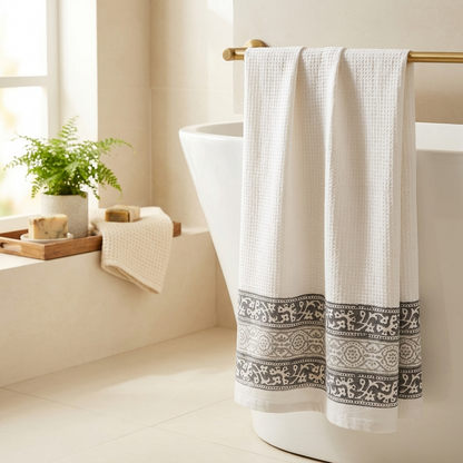 Waypoint White Block Print Waffle Towel – Grey Trellis Border Design
