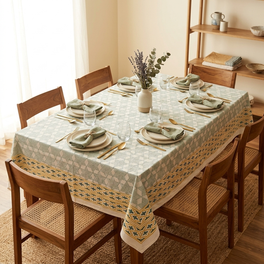 Waypoint Sage Hexagon Block Print Table Cloth – Mustard Border Design