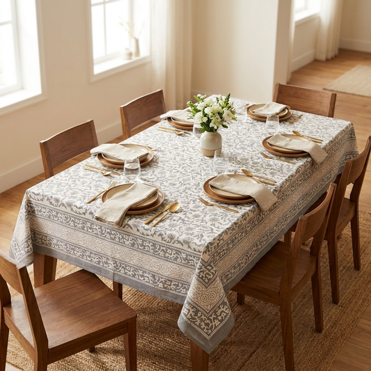 Waypoint Grey Vine Block Print Table Cloth – Trellis Border Design