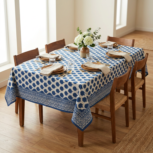 Waypoint Indigo Starburst Block Print Table Cloth – Scalloped Border Design