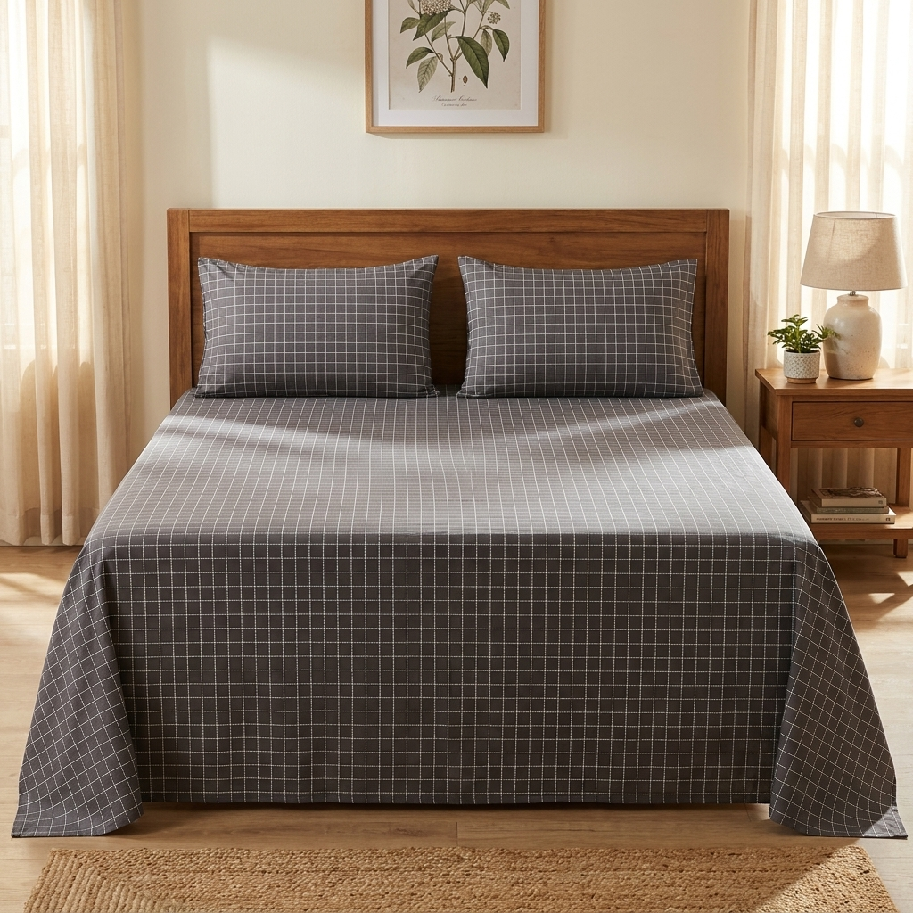 Waypoint Charcoal Grid Cotton Bedsheet – Windowpane Design