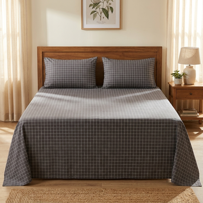 Waypoint Charcoal Grid Cotton Bedsheet – Windowpane Design
