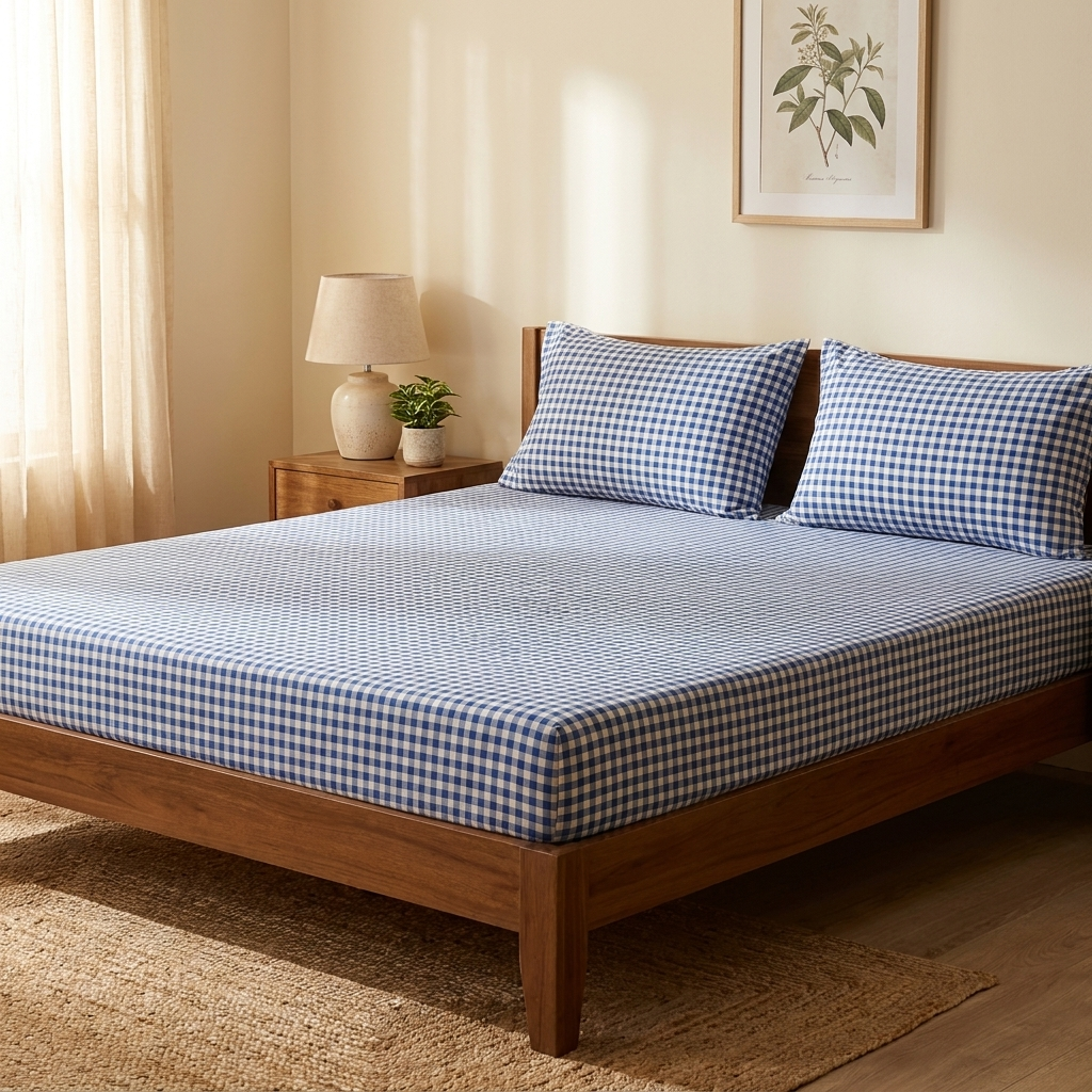 Waypoint Sky Check Cotton Bedsheet – Classic Gingham Design