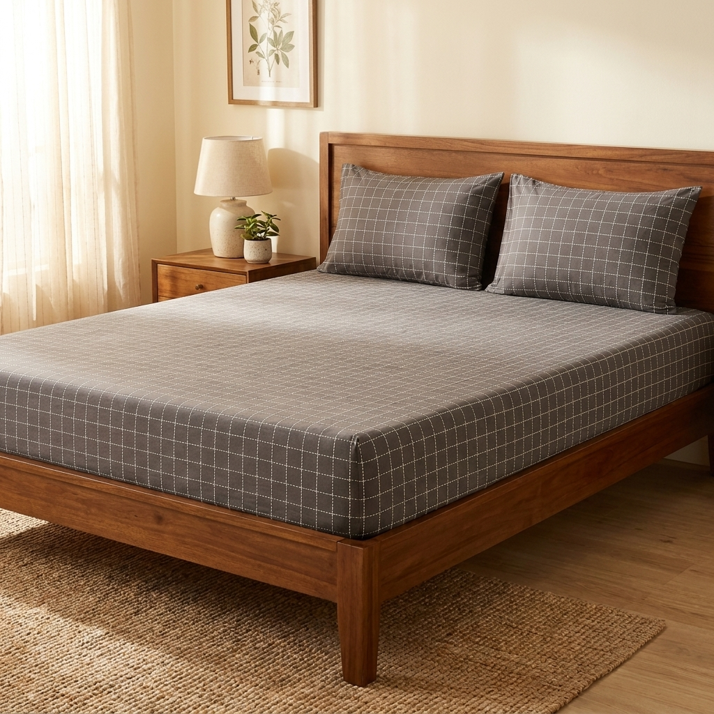 Waypoint Charcoal Grid Cotton Bedsheet – Windowpane Design