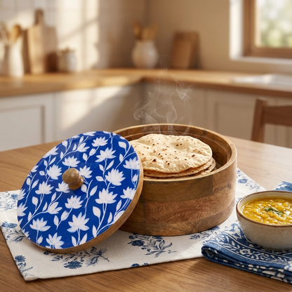 Wood Chapati Box W/ Lid - Blue
