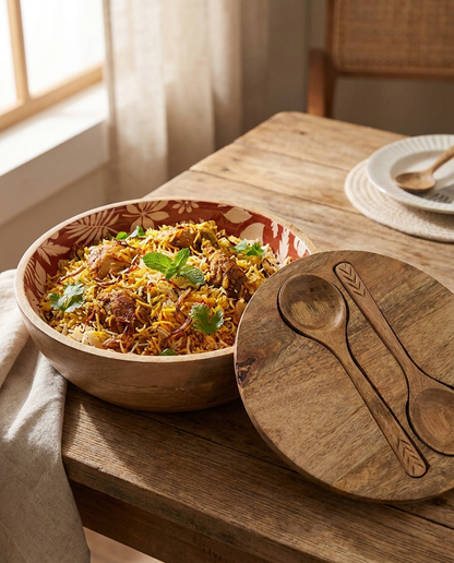 Wood Biriyani Serving Bowl w/ 2 Servers - Maroon