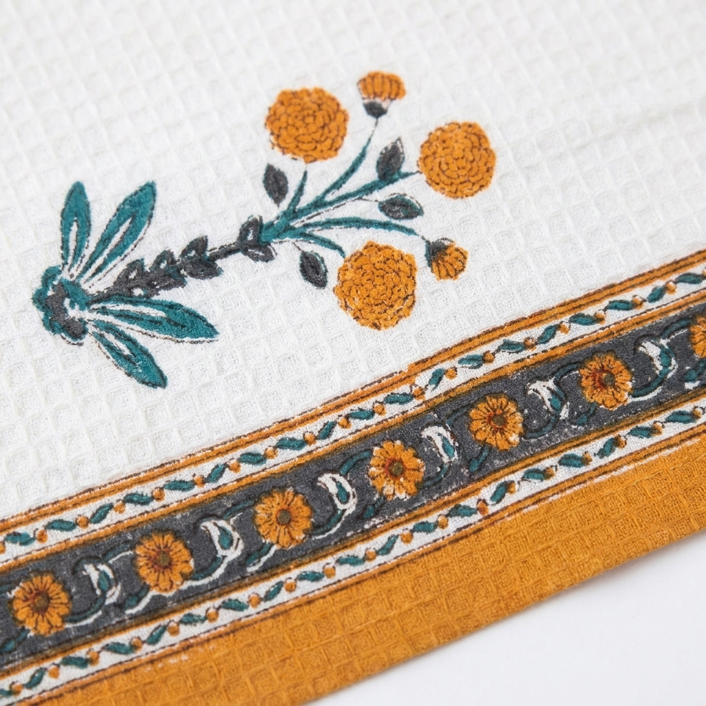 Waypoint Marigold Block Print Waffle Towel – Teal & Saffron Border