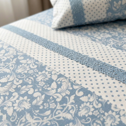 Waypoint Sky Blue Floral Cotton Bedsheet – Lace Panel Design