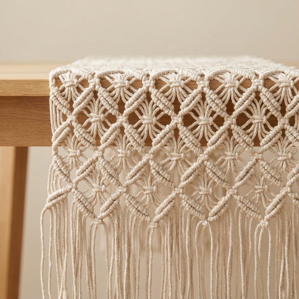 Waypoint Ivory Macramé Table Runner – Diamond Knot & Fringe