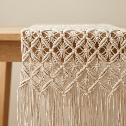 Waypoint Ivory Macramé Table Runner – Diamond Knot & Fringe