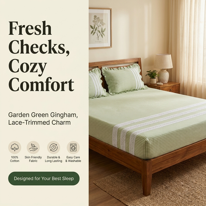 Waypoint Green Gingham Cotton Bedsheet – Ruffled Lace Trim Design