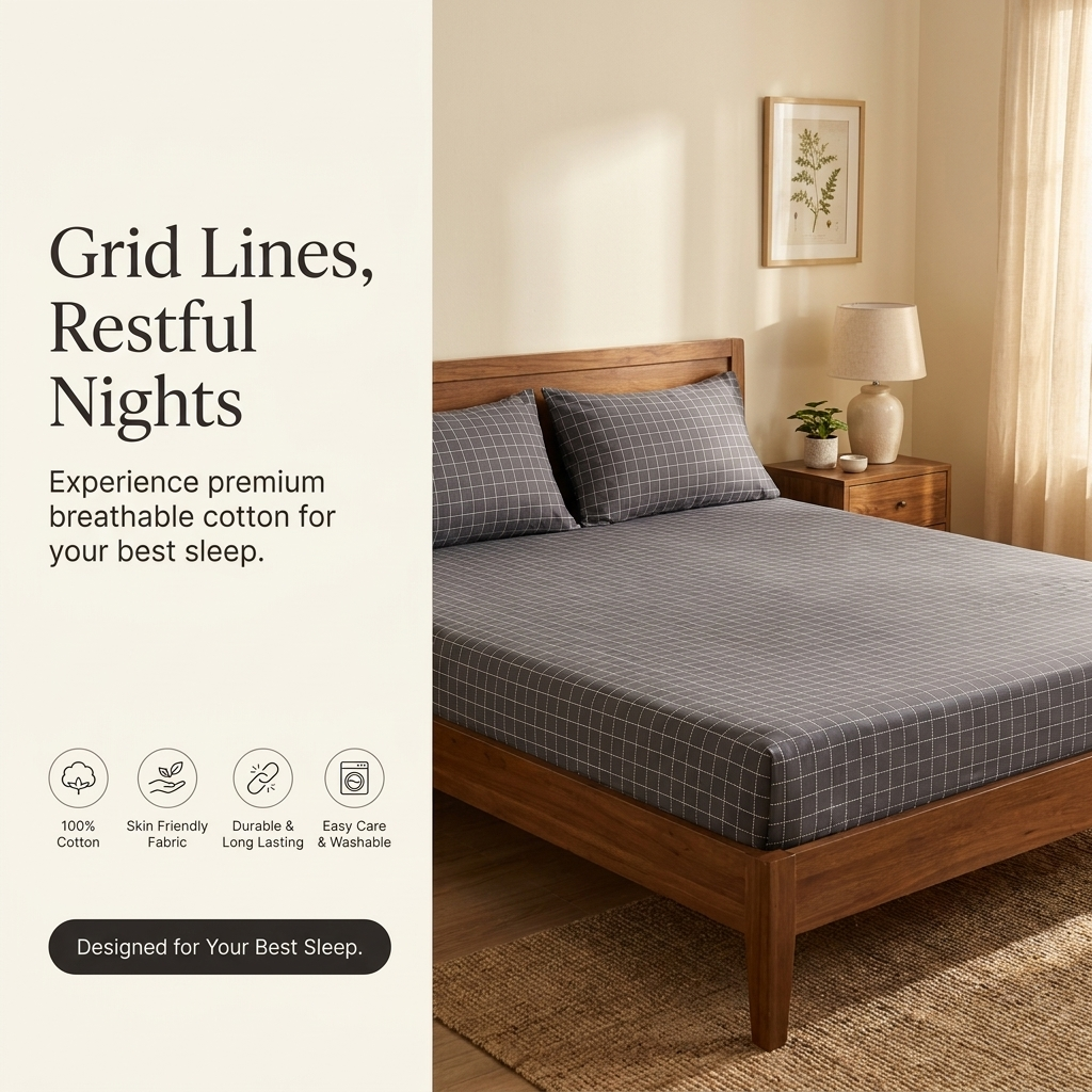 Waypoint Charcoal Grid Cotton Bedsheet – Windowpane Design