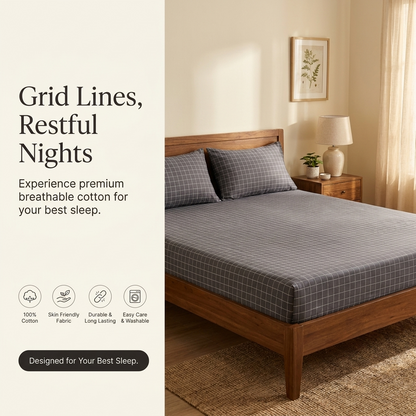 Waypoint Charcoal Grid Cotton Bedsheet – Windowpane Design