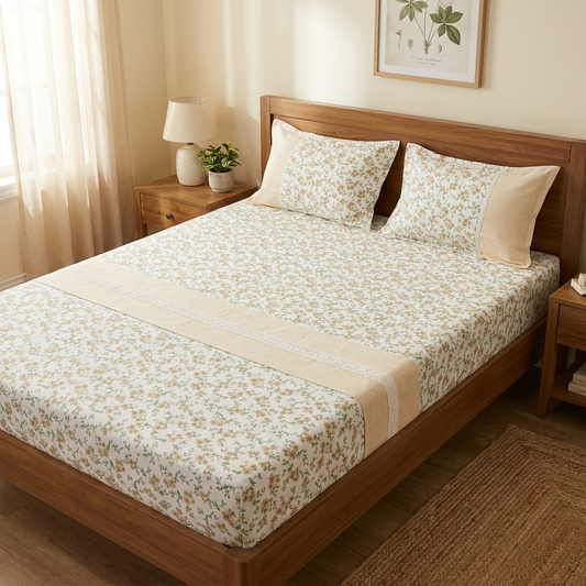 Waypoint Ivory Blossom Cotton Bedsheet – Lace Ribbon Design