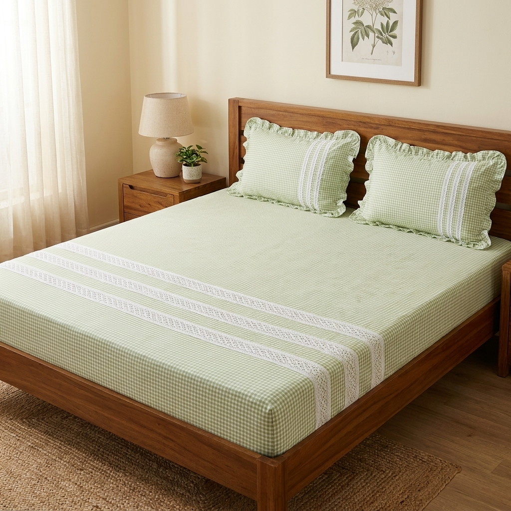 Waypoint Green Gingham Cotton Bedsheet – Ruffled Lace Trim Design