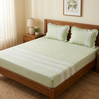 Waypoint Green Gingham Cotton Bedsheet – Ruffled Lace Trim Design