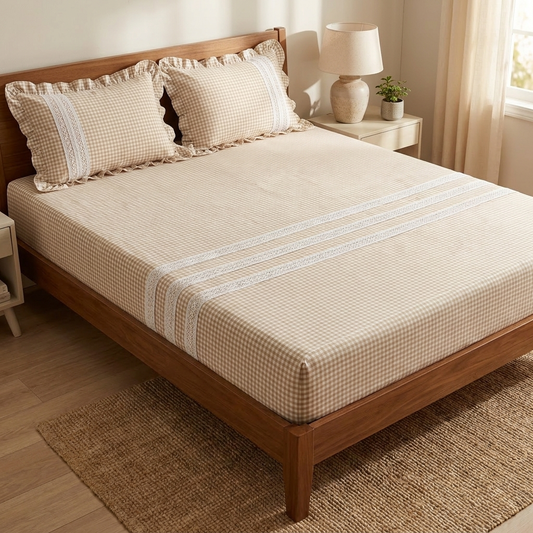 Waypoint Sand Check Cotton Bedsheet – Ruffled Lace Trim Design