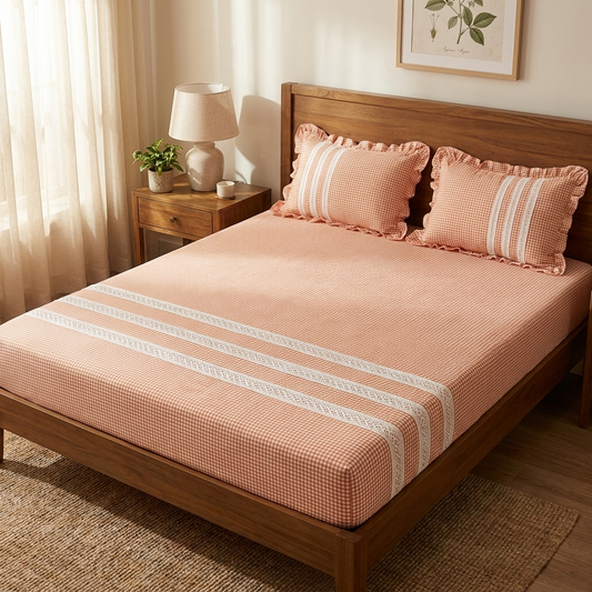 Waypoint Terracotta Gingham Cotton Bedsheet – Ruffled Lace Trim Design
