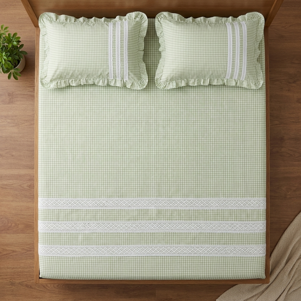 Waypoint Green Gingham Cotton Bedsheet – Ruffled Lace Trim Design