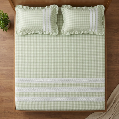 Waypoint Green Gingham Cotton Bedsheet – Ruffled Lace Trim Design
