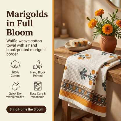 Waypoint Marigold Block Print Waffle Towel – Teal & Saffron Border
