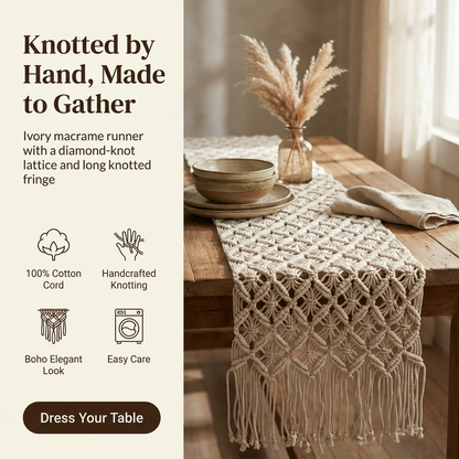 Waypoint Ivory Macramé Table Runner – Diamond Knot & Fringe