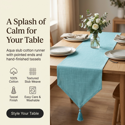 Waypoint Aqua Slub Cotton Table Runner – Tassel Tip Design