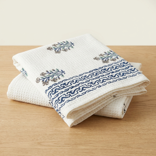 Waypoint Indigo Block Print Waffle Towel – Meadow Spray & Key Border